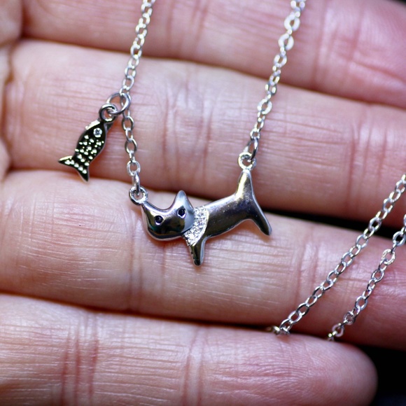 Kitten Cat with Fish Necklace Sterling Silver 925 14k White Gold Plated - Picture 1 of 5